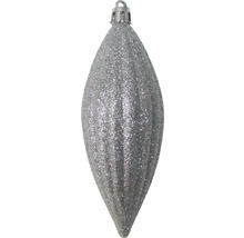 Silberfarbener, glitzernder Christbaumschmuck in Tropfenform