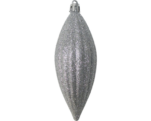 Silberfarbener, glitzernder Christbaumschmuck in Tropfenform