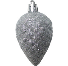 Silberner, glitzernder Christbaumschmuck in Tropfenform