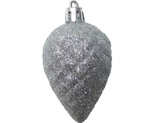 Silberner, glitzernder Christbaumschmuck in Tropfenform