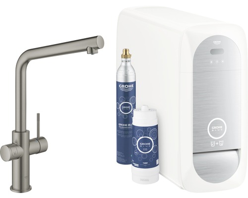 GROHE Küchenarmatur mit Sprudel GROHE BLUE HOME hard graphite gebürstet 31454AL1 Grohe Blue Wassersystem mit Armatur, Filter und Kohlensäureflasche