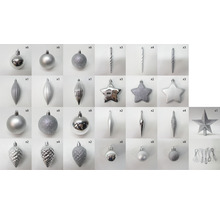 Silberne Christbaumkugeln und Baumschmuck-Set