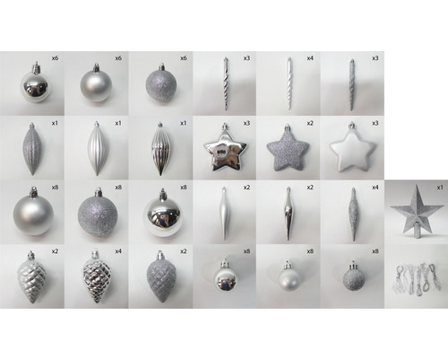 Silberne Christbaumkugeln und Baumschmuck-Set