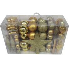 Weihnachtsbaumschmuck Set mit Christbaumkugeln, Sternen und Tropfen in transparenter Verpackung.