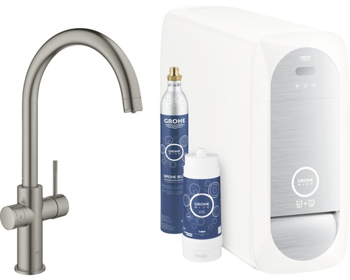 GROHE Küchenarmatur mit Sprudel GROHE BLUE HOME hard graphite gebürstet 31455AL1 Grohe Blue Wassersystem mit Armatur, Filter und Kohlensäureflasche