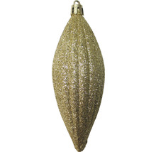 Goldfarbener, glitzernder Weihnachtsschmuck in Tropfenform
