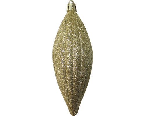 Goldfarbener, glitzernder Weihnachtsschmuck in Tropfenform