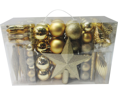 Sortiment goldfarbener Christbaumkugeln und Baumspitze in transparenter Verpackung