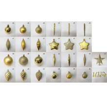 Verschiedene goldfarbene Christbaumkugeln und Baumschmuck in verschiedenen Formen und Ausführungen.