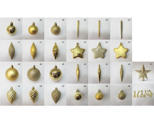 Verschiedene goldfarbene Christbaumkugeln und Baumschmuck in verschiedenen Formen und Ausführungen.