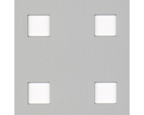 Lochblech Aluminium silber 250x500x0,8 mm Lochung Eckig Nahaufnahme einer grauen Platte mit vier quadratischen Aussparungen