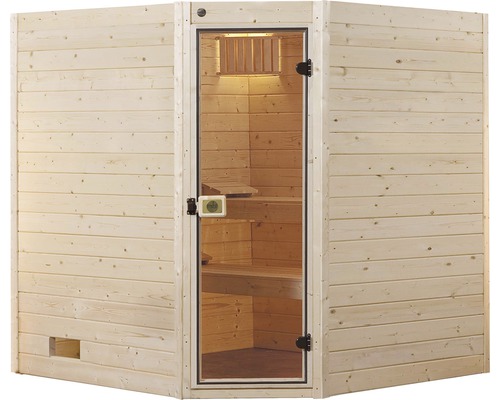 Finnische Sauna aus Holz mit Glastür und Bänken