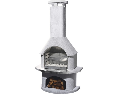 Buschbeck Grillkamin Elba 65 x 110 x 206 cm Beton Stahl weiß silber Grillkamin aus Stein mit Holzscheiten