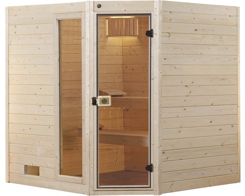 Innensauna aus Holz mit Glastür und Bänken