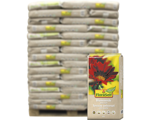 Palette mit FloraSelf Blumenerde ohne Torf, 40 Liter