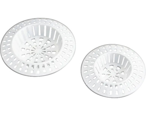 Zwei weiße Spülbecken- beziehungsweise Waschbeckenstöpsel aus Kunststoff