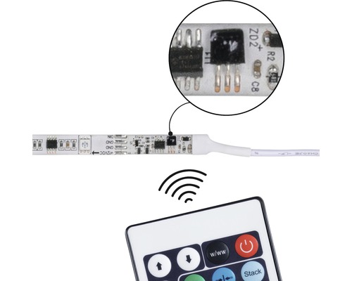 LED-Streifen mit elektronischen Bauteilen und Fernbedienung