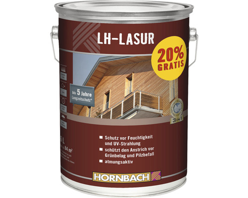 LH Lasur Holzschutzfarbe im Farbeimer mit fünf Jahren Langzeitschutz und Schutz vor Feuchtigkeit und UV Strahlung