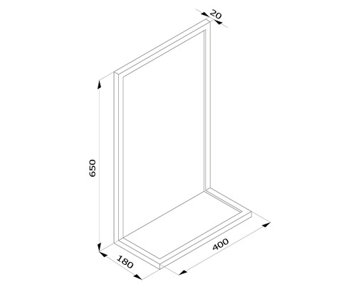 Skizze einer Duschkabine mit den Maßen 650 x 400 x 180 Millimeter
