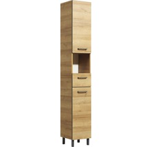 Hochschrank mit zwei Schubladen, einem offenen Fach und einer Tür