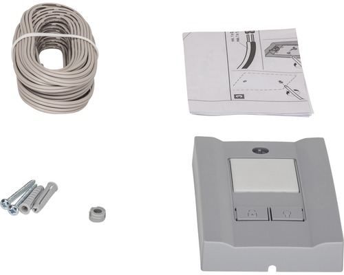Komponenten für Garagentorantrieb: Kabel, Anleitung, Schrauben, Dübel und Steuerungseinheit
