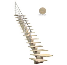 Holztreppe mit Edelstahlgeländer in der Farbe Navajo Blau