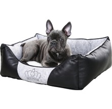 Hund liegt in einem Hundebett mit Kronenmotiv