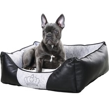 Hund liegt in einem schwarzen Hundebett mit Kronenmuster.