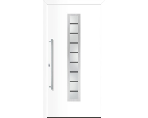 Weiße Haustür mit Glaseinsatz und Griffstange