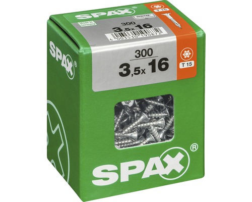 Schrauben der Größe 3,5x16 mm in einer grünen Spax-Verpackung.