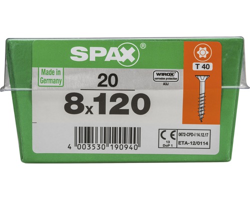 Spax Universalschraube T-STAR plus Senkkopf TX Teilgewinde 8x120 mm WIROX 20 Stück SPAX Schraubenpackung mit 20 Schrauben, Größe 8x120