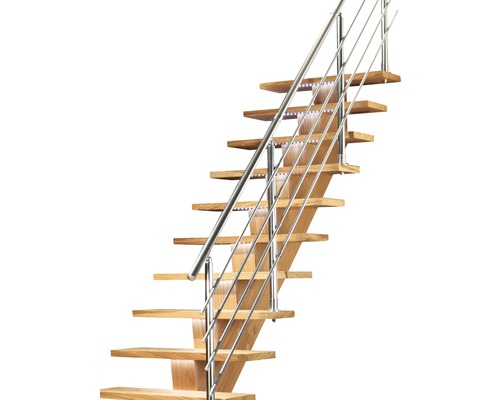 Holztreppe mit Edelstahlgeländer und LED-Beleuchtung