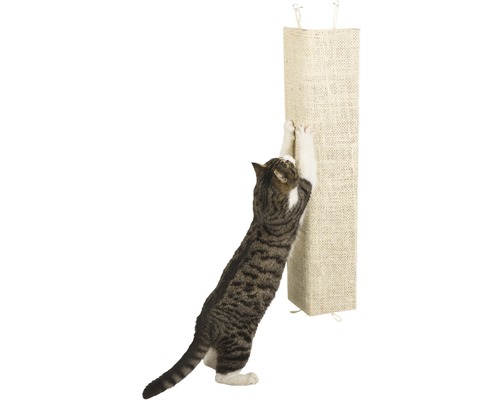 Kratzbrett KERBL Kevin Sisal 80x28 cm beige, Eckkratzbrett Katze kratzt an einem Kratzbaum aus Sisal