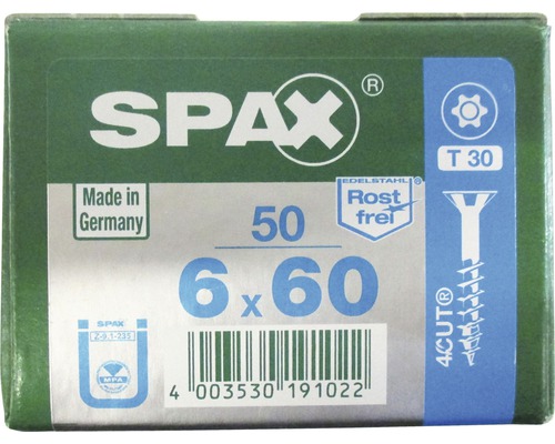 Spax Universalschraube T-STAR plus Senkkopf TX Teilgewinde 6x60 mm Edelstahl A2 50 Stück Verpackung Spax Schrauben 6x60 Millimeter, 50 Stück