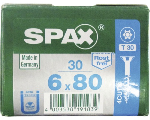 Spax Universalschraube T-STAR plus Senkkopf TX Teilgewinde 6x80 mm Edelstahl A2 30 Stück Verpackung Spax Schrauben 6x80