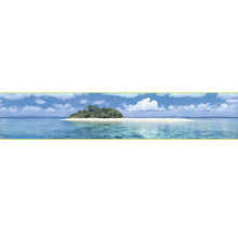 Panorama einer kleinen Insel mit Vegetation und Sandstrand im Meer