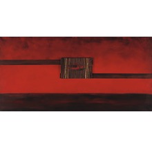 Abstraktes Wandbild mit Holz und Schnüren