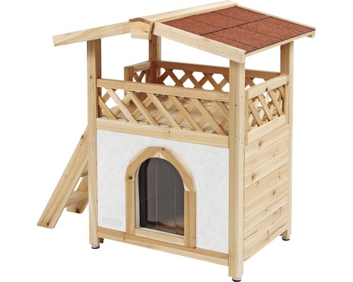 Katzenhaus aus Holz mit Dachterrasse und Leiter