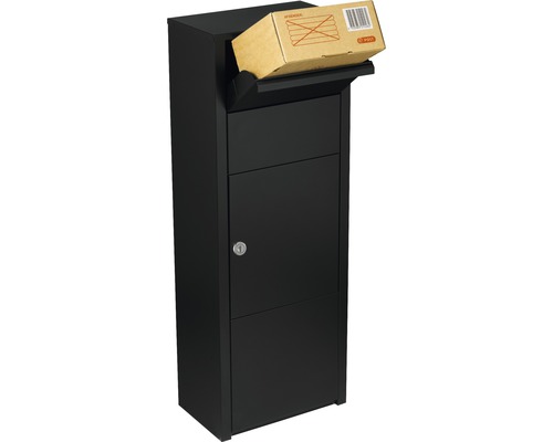Schwarzer Paketbriefkasten mit Paket