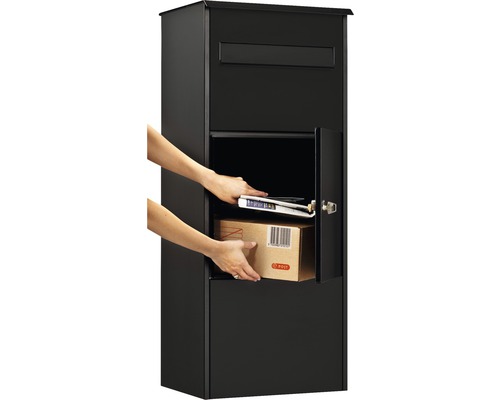 Schwarzer Paketbriefkasten mit Paket und Post im Inneren