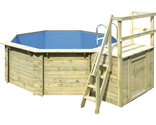 Aufstellpool Holzpool-Set Karibu Classic 1B rund Ø 400x124 cm inkl. Leiter, Bodenschutzvlies & Sonnendeck Holz-0