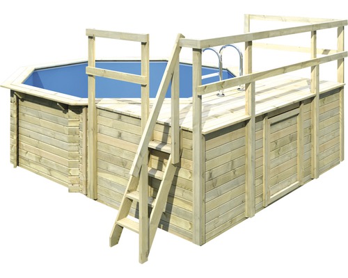 Aufstellpool Holzpool-Set Karibu Classic 1D rund Ø 400x124 cm inkl. Leiter, Bodenschutzvlies, Sonnendeck & 2 Flügel Holz-0