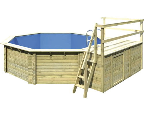 Aufstellpool Holzpool-Set Karibu Classic 2C rund Ø 470x124 cm inkl. Leiter, Bodenschutzvlies, Sonnendeck & 1 Flügel Holz