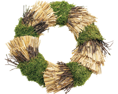 Dekorativer Kranz aus Stroh, Zweigen und Moos