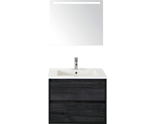 Badmöbel-Set Sanox Porto BxHxT 71 x 170 x 51 cm Frontfarbe black oak mit Waschtisch Keramik weiß und Keramik-Waschtisch Spiegel mit LED-Beleuchtung Waschtischunterschrank