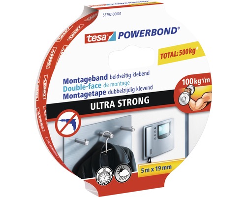 tesa Powerbond Montageband Ultra Strong 5m x 19mm Tesa Powerbond Montageband Ultra Strong, doppelseitig klebend, 5 Meter mal 19 Millimeter