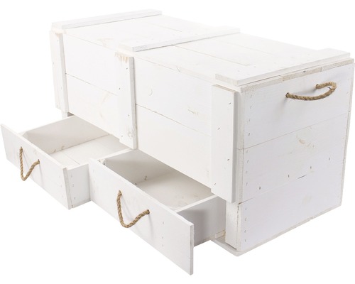 Weiße Holzkiste mit zwei offenen Schubladen und Seilgriffen