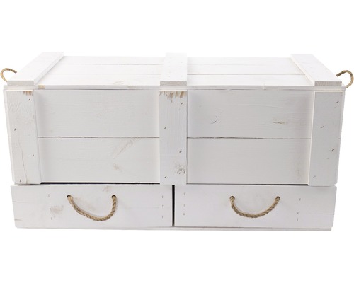 Weiße Holzkiste mit Seilgriffen und zwei Schubladen zur Aufbewahrung