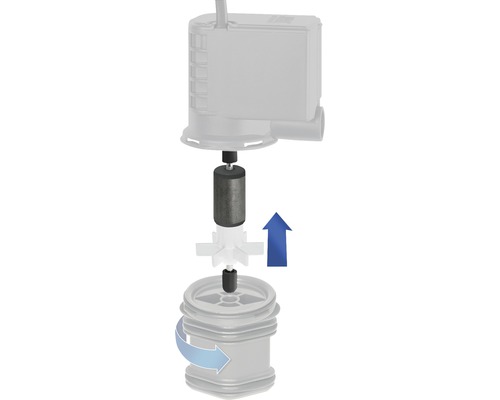 Explosionsdarstellung einer Aquariumpumpe mit Pfeilen, die die Montage zeigen