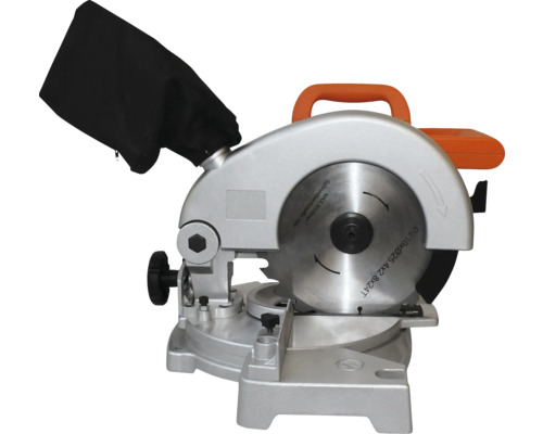 Kapp- und Gehrungssäge mit Staubfangsack und orangefarbenem Griff